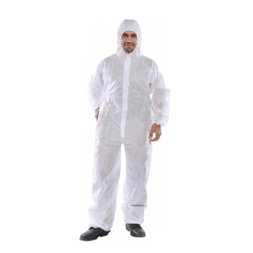 IndustraCare 5 PACK - Poly Prop White Economy Lightweight Disposable Overall Boilersuit - Zip up elasticated hood ankles and wrists (XL)