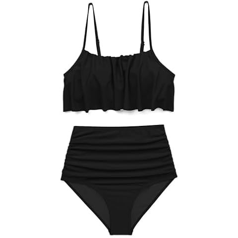 Omichic Women's Two-Piece Swimwear, High-Waisted Triangle Bottom and Striking Big Ruffles Black Cover