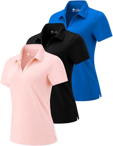 Image of Liberty Luxe 3 Pack Golf Shirts for Women- Short Sleeve Collared Polos, Blue/Pink/Black, XXL