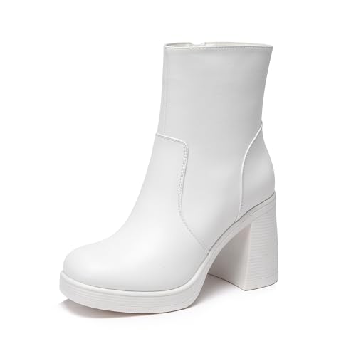 Glamnest Platform Ankle Boots with Zipper Women's Mid Calf Gogo Boots for Women Square Toe Chunky Block Heel, White Size 9