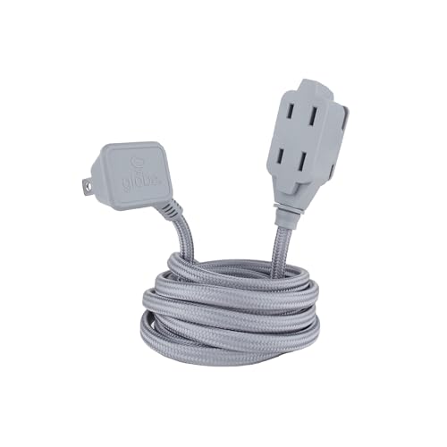 GLOBE Electric 22890 Designer Series 9-ft Fabric Extension Cord, 3 Polarized Outlets, Right Angle Plug, 125 Volts, Metallic Gray