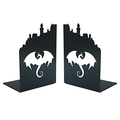 2 Schwarze Buchstützen aus schwerem Metall - Drachen Design - Stabil für Bücher halten - Ideal für Heimdekoration, Bücherregal & Büro - 1 Paar
