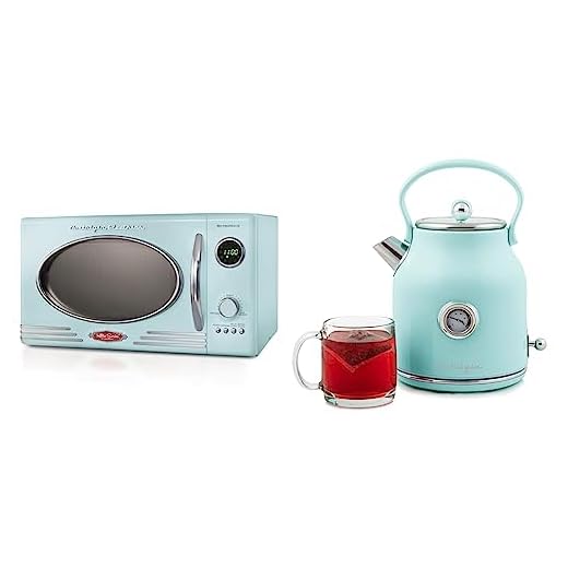 Nostalgia Retro Countertop Microwave Oven, 0.9 Cu. Ft. 800-Watts with LED Digital Display, Child Lock, Easy Clean Interior, Cu.Ft, Aqua & Retro Stainless Steel Electric Tea and Water Kettle