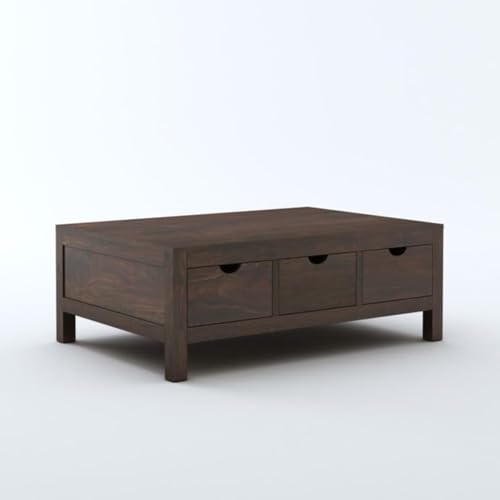 Image of MAMTA DECORATION Solid Sheesham Wood Coffee Table for Living Room | Wooden Center Table with 3 Drawers Storage for Home, Hall & Lounge | Modern Tea Table | Rectangular Coffee Table | Walnut Finish