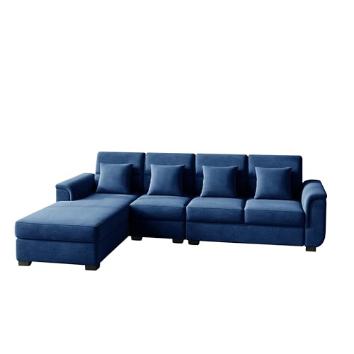Image of Wood 6 Seater Sofa Set | Velvet Fabric Upholstery | Modern Wooden Frame Sectional Couch with Cushions for Living Room, Home & Office (Blue)
