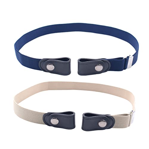 Beaupretty 2Pcs Adjustable Elastic No Buckle Waist Belts for Men Women Stretch Belt for Jeans Dresses Navy Blue Beige for All