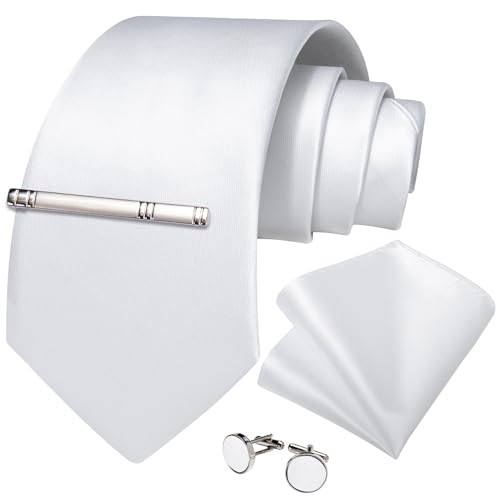 Image of DiBanGu Mens Silk Necktie Solid Color Tie and Pocket Square Cufflink Tie Clip Set Woven Plain Ties for Men Wedding Party