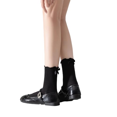 Image of Women's Cute Ankle Ruffle Socks with Bow, Soft Breathable Cotton Lace Bow Ribbed Design Socks, 5 Pairs, Size 5-10