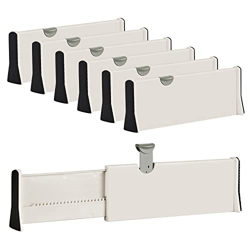 Image of JONYJ Drawer Dividers Organizer 6 Pack, Adjustable Separators 4" High Expandable from 11-17" for Bedroom, Bathroom, Closet, Clothing, Office, Strong Secure Hold, Foam Ends, Locks in Place