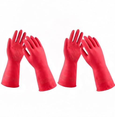 Image of LADWA Premium Rubber Cleaning Gloves, Red Color Reusable Waterproof Gloves for Kitchen Cleaning, Dishwashing, Gardening and Bathroom Use with Comfortable Fit (Pack of 2 Pairs)