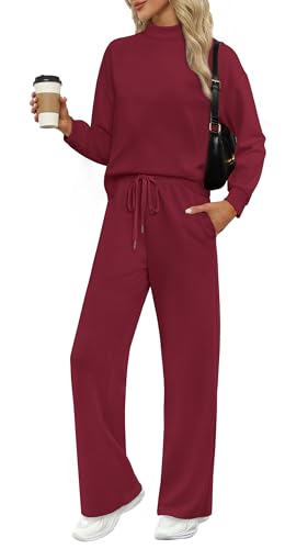 Image of WIHOLL Two Piece Sets for Women Fall Outfits Lounge Sets Mock Neck Tops Wide Leg Pants Vacation Travel Airport Outfits