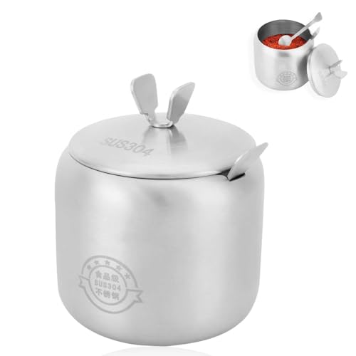 HERCHR Tazón de azúcar, recipiente de condimentos de acero inoxidable, recipiente de especias, recipiente de especias con tapa de azúcar para el suministro de azúcar, pimienta, sal, especias