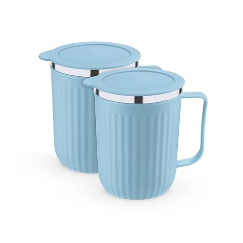 Image of Trueware Frost Unbreakable Mugs With Cap Stainless Steel Plastic Covered Travel Mug With Lid For Tea, Coffee, Milk, 400 ml
