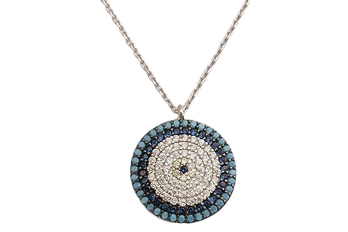 Special Design! Turkish Evil Eye Handmade Jewelry Round Cut Turquoise Sapphire White Topaz 925 Sterling Silver Rhodium Necklace - Main Image