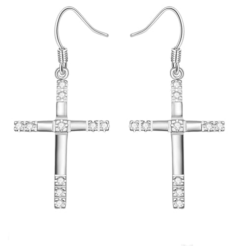 ZQHWYZ 18K Gold Earrings for Women, Cross with Round Diamond Dangle Earrings for Women White Gold