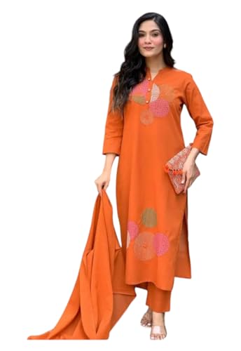 Kurta imprimé orange en tissu Chanderi léger avec manches 3/4 et dupatta