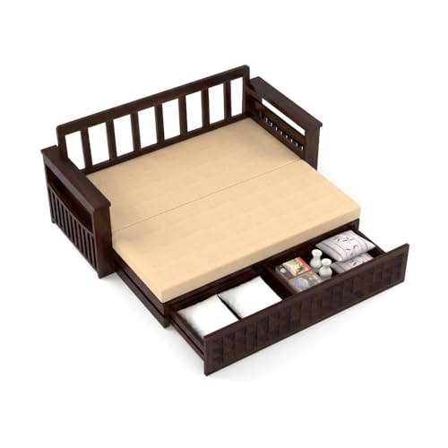 Image of Sheesham Wood Sofa Cum Bed with Mattress - 3 Seater Wooden Sofa Bed for Living Room | Solid Wood Convertible Diwan Couch with Side Storage (Design 6)