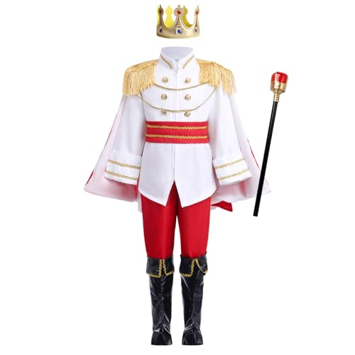 FYMNSI Prince Charming Costume for Kids Boys Halloween Carnival Cosplay Party Fancy Dress Up Tunic Top Pants Crown Scepter Set