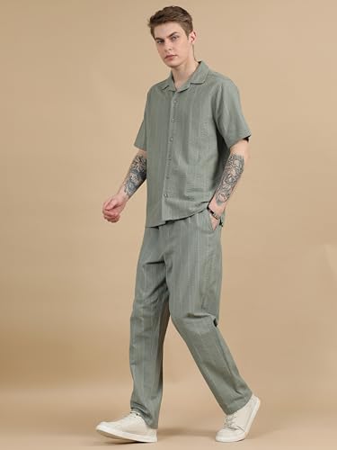 Image of StitchX Men's Airport Look Textured Seersucker Resort Cotton Shirt & Trouser Co-Ord Set S-2XL