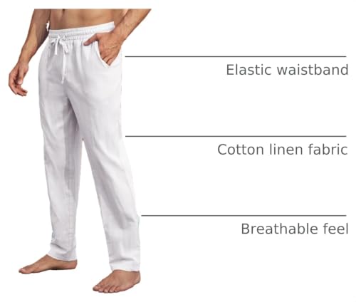Image of PASLTER Mens Cotton Linen Pants Casual Summer Beach Pants Dress Trousers | Loose Fit, Elastic Drawstring Waist, Lightweight, Straight-Legs, Slacks, Yoga, Work, Vacation, Quick Dry