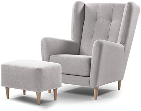 Image of Footrest Lounge Chair with Designer Back | Stylish Rest Chair and Arm Chair in Cotton Fabric for Living Room (Light Grey)