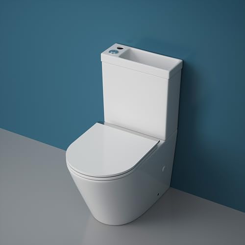 Durovin Bathrooms Close Coupled Two Piece Ceramic Toilet with Sink On Top - Rimless WC Pan with Cistern and Soft Close Seat