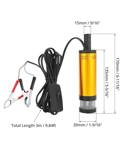 QWORK® Pompa wodna 12V 38MM, pompa wysokoprężna z zaciskiem, stal nierdzewna, kabel zasilający 3M, do oleju napędowego, nafty, wody