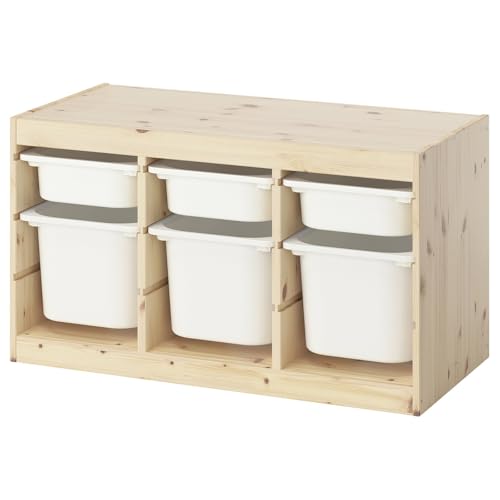 Storage Organizer with Removable Boxes Solid Pine Wood Frame Storage Unit Low Child-Friendly Plastic Bins Included 36.6 x 17.4 x 20.5 Inches (Light White Stained Pine/White)