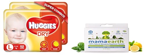 Image of Huggies New Dry Large Size Diapers Combo Pack of 2, 52 Counts Per Pack (104 Counts) & Mamaearth Natural Repellent Mosquito Patches For Babies with 12 Hour Protection,White,Pack of 1