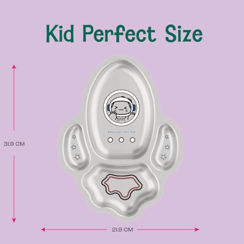 Image of Basil Stainless Steel Plate for Kids - Kids Plates for Food with 4 Compartments - Dinner Plates for Baby - Unbreakable Dinner Plates - Ideal for Birthday, Return Gifting - BPA-Free - Rocket Plate Dino