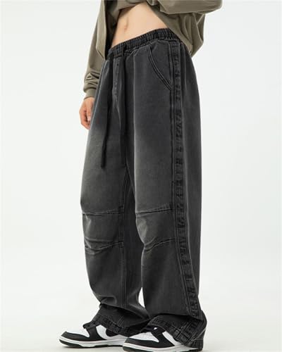 Men's Straight Leg Jeans Casual Drawstring Elastic Waist Denim Pants Loose and Minimalist Retro Style4