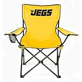 JEGS Folding Chair | Yellow Canvas With Black JEGS Logo | Black Powder Coated Frame | Capacity 250 LBS | Total Height 36” | Includes Mesh Cup Holder And Storage Bag With Strap