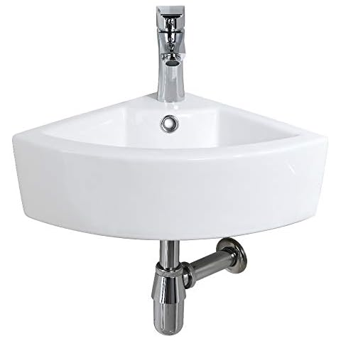 Wall Mount Corner Small Bathroom Sink with Overflow-Bokaiya 18x13 Inch Corner Vessel Sink Triangle White Porcelain Ceramic Wall Hung Mini Vanity Space Bathroom sink, Faucet and Drain Combo Cover