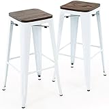 Brage Living 30 Inch Metal Bar Stools with Square Solid Elm Wood Seat Top, Backless Stackable Industrial Barstools Set of 2 (White)