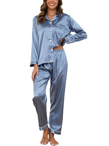 Reliwel Pigiami da Donna in Raso Pigiama Donna Due Pezzi a Maniche Lunghe Set Pigiama con Bottoni Seta Morbido Scollo V Aperto Davanti e Pantaloni Borse Laterali