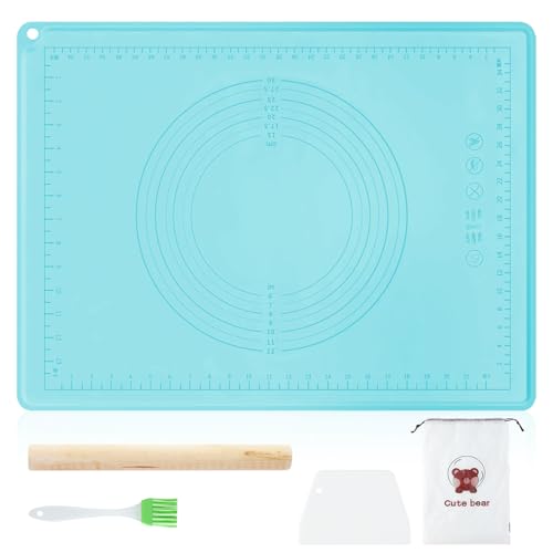 FEMONGY Rodillo amasar con tapete de silicona para hornear, Rodillo de madera + raspador + pincel de aceite + bolsa de almacenamiento, Adecuado para pizza, masa de pasta, pasteles, Azul, 45 * 65cm