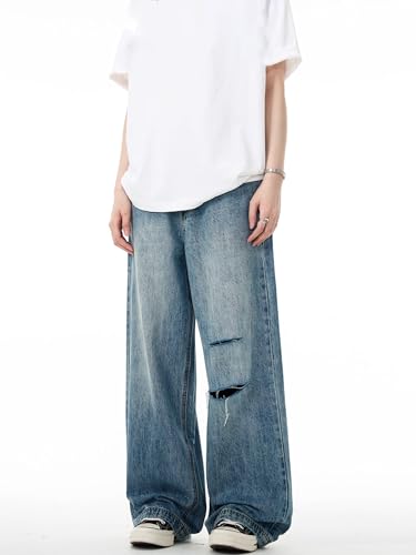 GUOYUXIAO Men's Jeans American-Style Retro Distressed Denim Pants Relaxed Washed Straight-Leg Pants Trouser for Men4