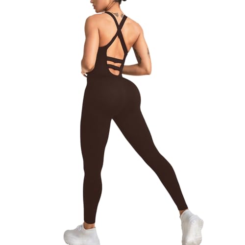 Image of Roman Vinessan Workout Jumpsuits for Women One Piece Sleeveless Sexy Backless Criss Cross Straps Gym Yoga Rompers (brown,X-Small)