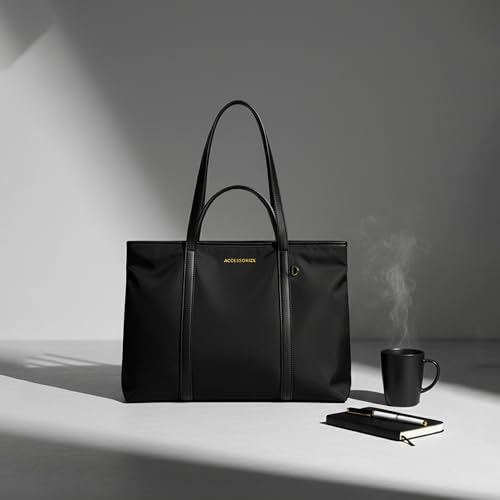 Image of Accessorize London Women's Black Kris Nylon Work Tote | water-resistant Shoulder Bag | Stylish Casual & Travel Handbag