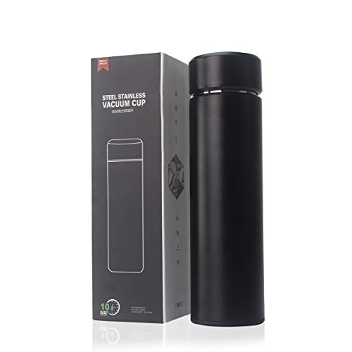 Ipalmay - Taza de viaje de acero inoxidable con aislamiento al vacío, botella de agua con termómetro, 15 onzas, color negro