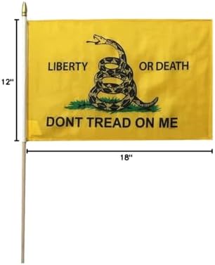 Wholesale Lot of 12 Liberty Or Death Gadsden Don't Tread On Me Yellow 12x18 12"x18" 68D Woven Polyester Nylon Stick Flag On 24" Wooden Staff image 4