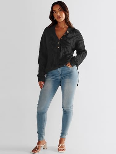 Anrabess Womens Oversized Sweater Long Sleeve Loose V Neck Button Jumper Casual Waffle Side Slit Knit Pullover 2024 Clothes Black Small thumb #7