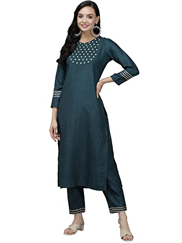Image of INDO ERA Women's Polyester Embroidered Straight Kurta with Palazzo Set (KS9BK9118)