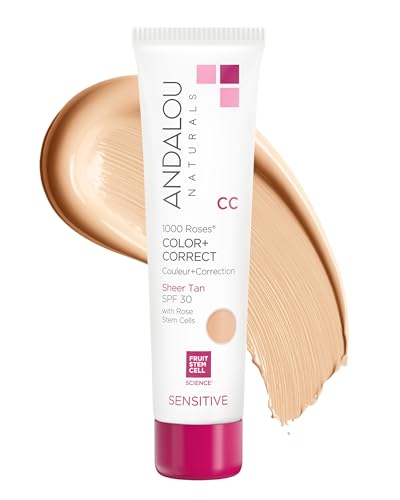 Andalou Naturals 1000 Roses CC Color + Correct with SPF 30, Sheer Tan, 2-in-1 Face Sunscreen + CC...