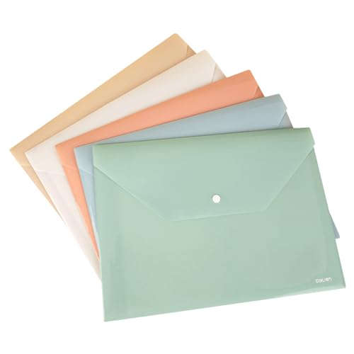 【横トナ】deli ポケット付きファイルケース A4 5色セット(グリーン/ブルー/オレンジ/アイボリー/ベージュ 各1枚) シンプルデザイン くすみカラー <破れにくい仕様> <開閉しやすいスナップボタン付> <使いやすいカラー> 資料収納 整理整頓 事