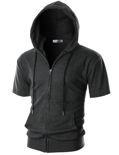 Ohoo Mens Slim Fit Zip up Hoodie Cotton Blend Soft Fabric Short Sleeve Lightweight Comfy Basic Jacket with Kanga Pocket product thumbnail 20