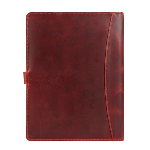 Image of KomalC Leather Portfolio Folder with Button Closure | Business Padfolio for Professionals | Vintage Organizer with Legal Pad Holder, Card Slots & Document Pockets (Red)