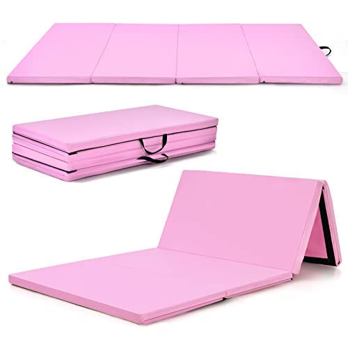 Gymax Folding Gymnastics Mat, 8' X 4' X 2" Thick Exercise Mat With Carry Handles & Waterproof Detachable Pu Leather Cover, Lightweight Tumbling Mat For Yoga Stretching Aerobics Home Gym Fitness (Pink) #TOP28