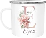 SpecialMe® Emaille-Tasse Name Initiale Blumen Eukalyptus Floral Monogramm personalisierte Geschenke weiß-metall Emailletasse