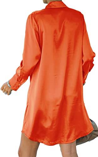 Halfword Orange Satin Dress For Women Sexy Casual Deep V Neck Long Sleeve Button Down Loose Mini T Shirt Dresses Xl #TOP1
